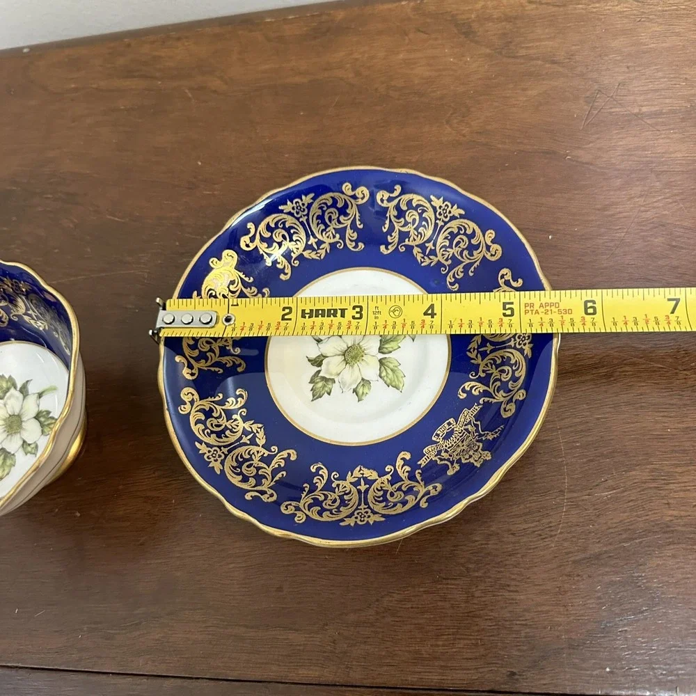 Paragon Teacup and Saucer Set Gold Blue Flower Dogwood 1958 Centennial